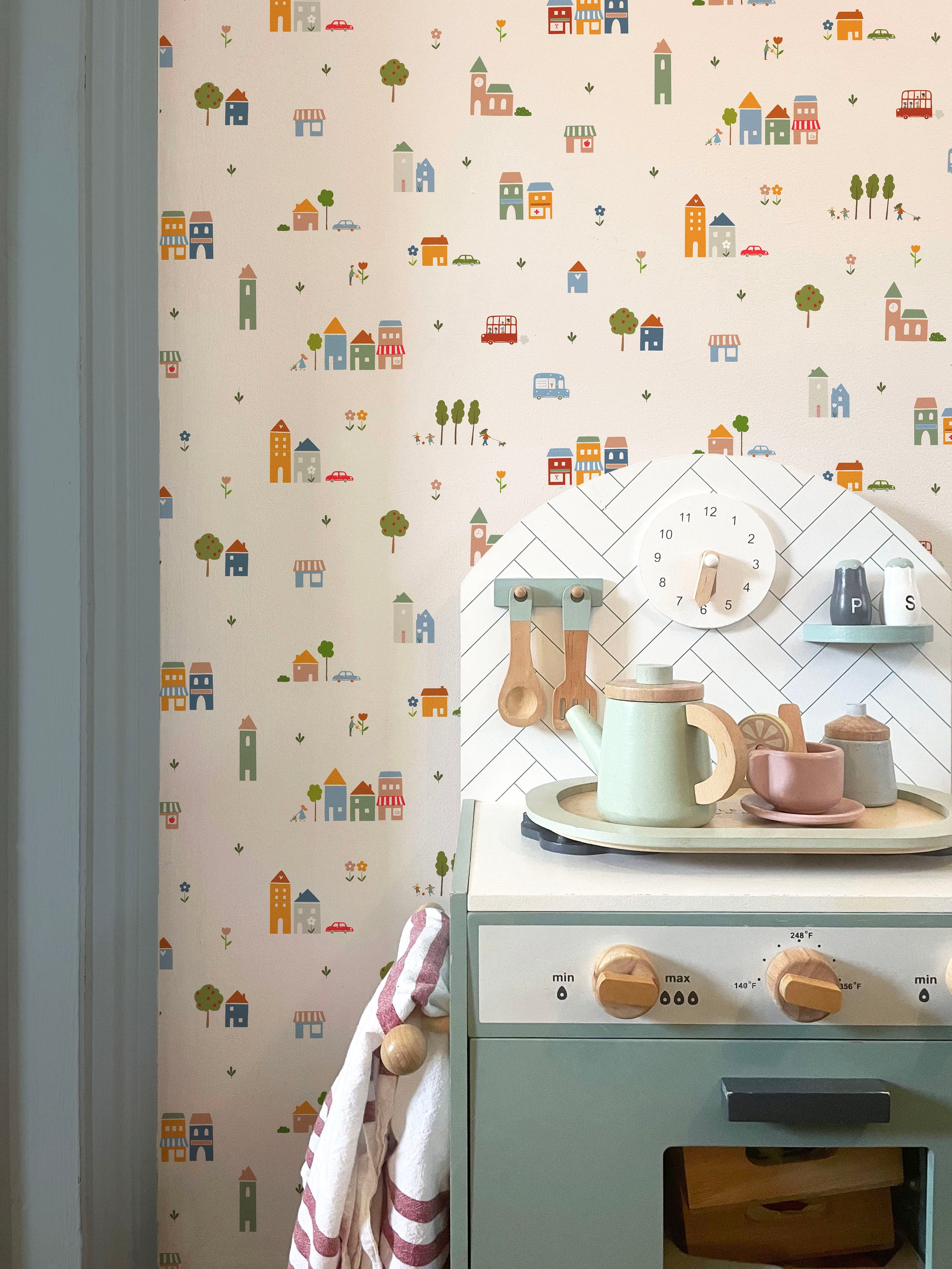 Ducks In A Row Little Town Wallpaper in Playroom with toy Kitchen